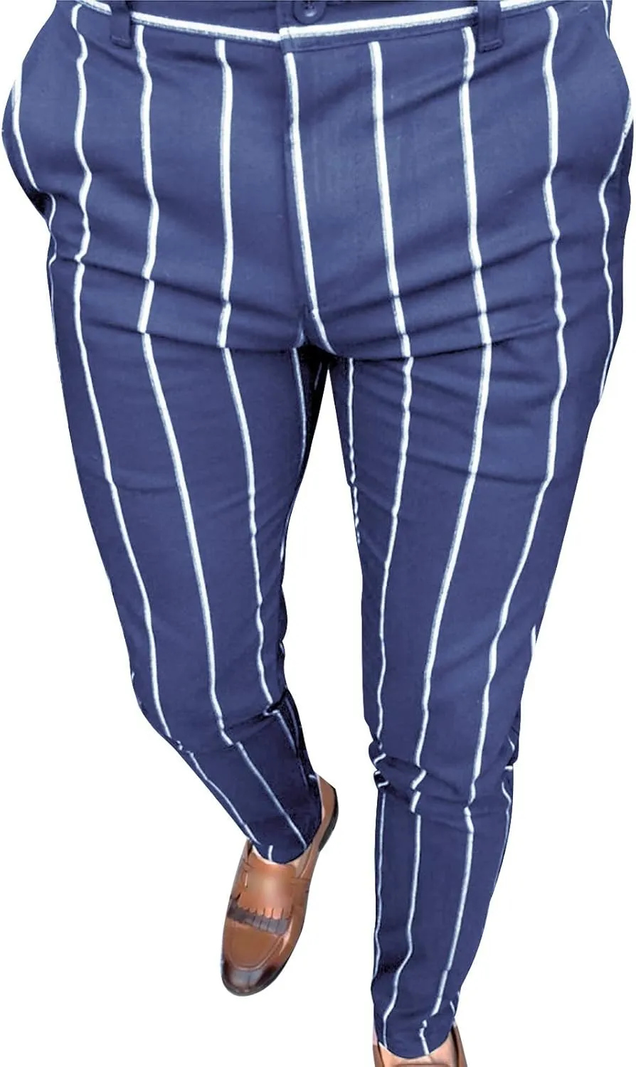 Maiyifu-GJ Men's Striped Modern Chino Pants Casual Slim Fit Skinny Stretch Dress Pant Business Golf Tapered Trousers
