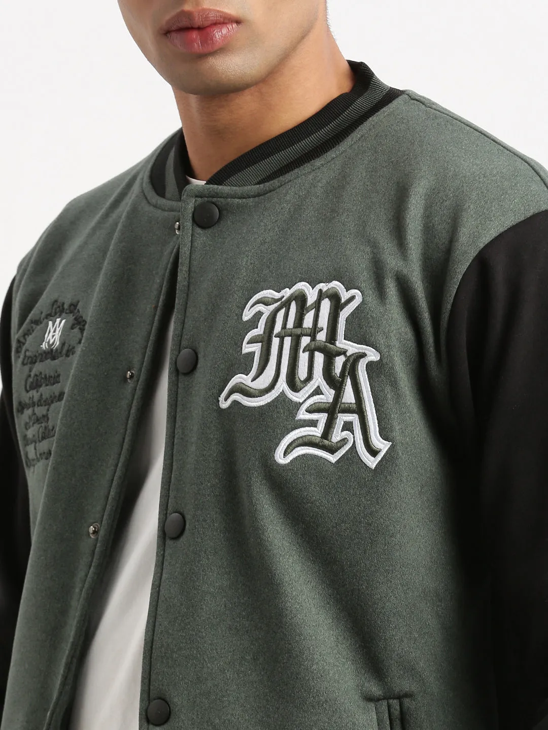 Men Mandarin Collar Green Colourblocked Varsity Jacket