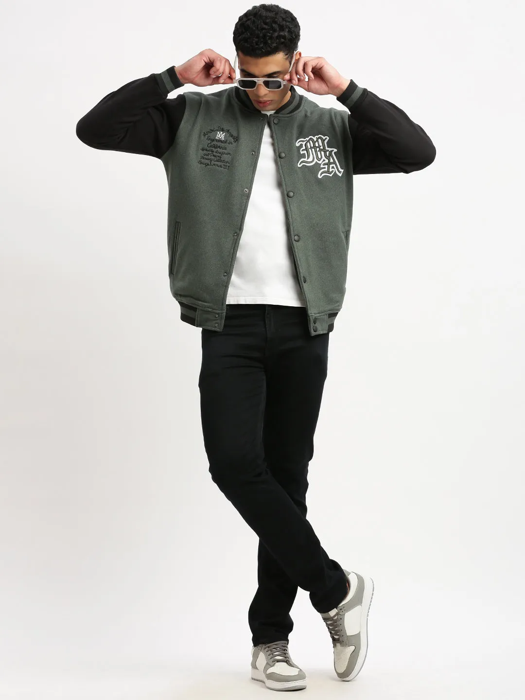 Men Mandarin Collar Green Colourblocked Varsity Jacket