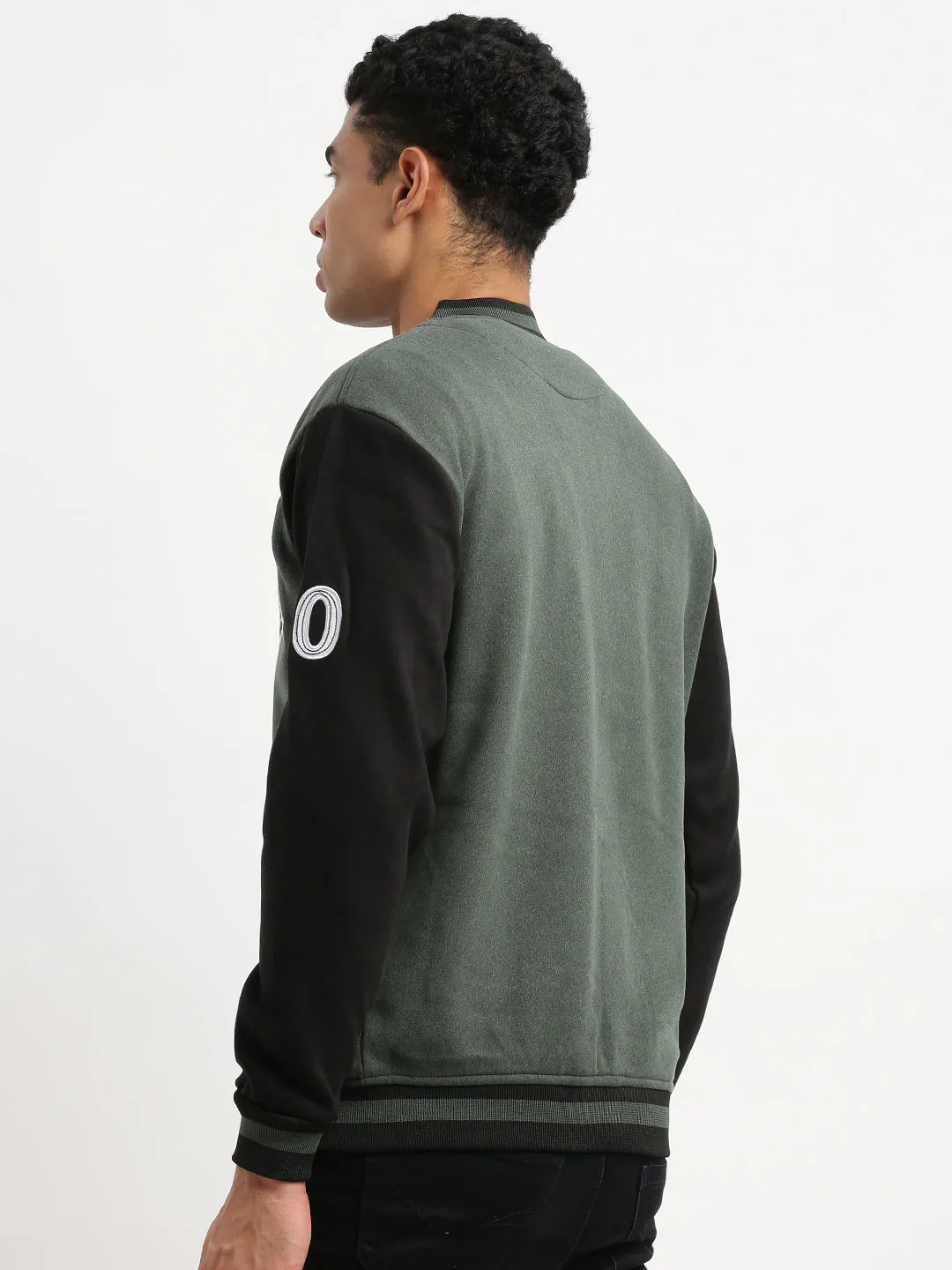 Men Mandarin Collar Green Colourblocked Varsity Jacket