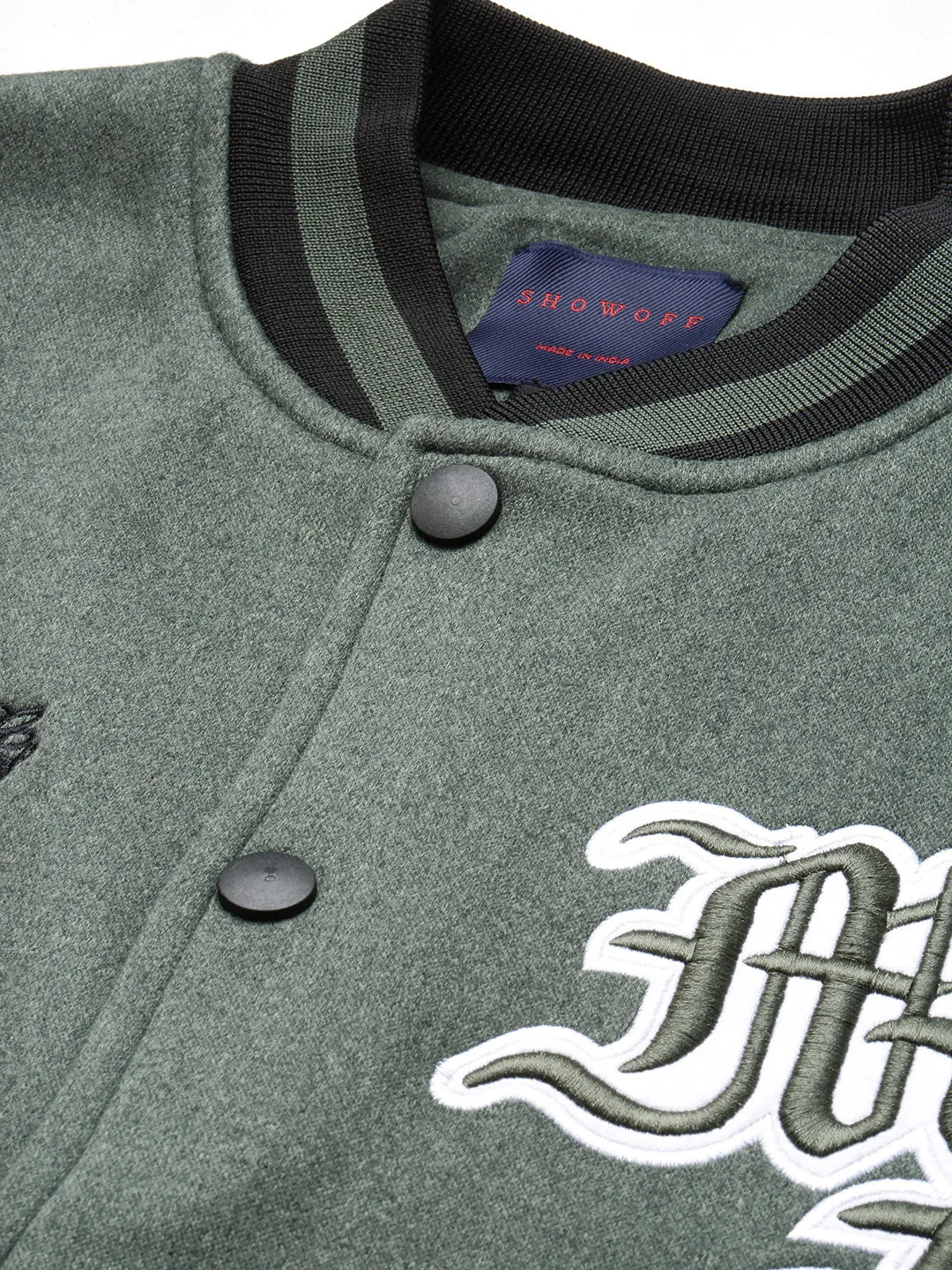 Men Mandarin Collar Green Colourblocked Varsity Jacket