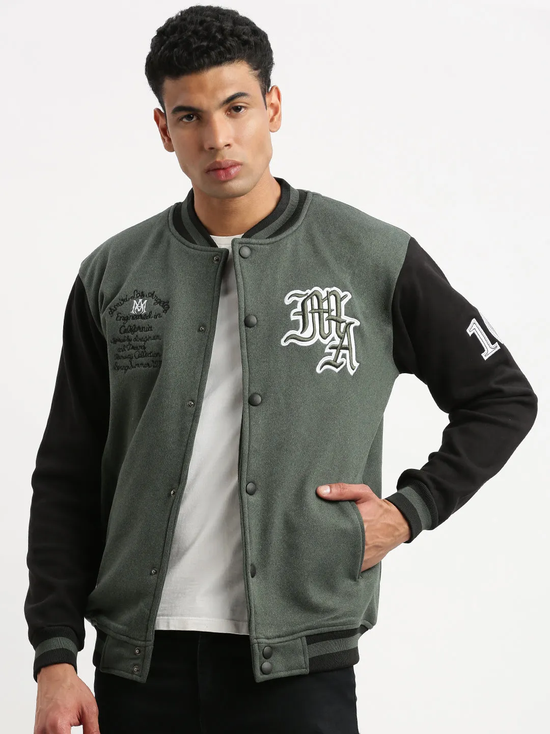 Men Mandarin Collar Green Colourblocked Varsity Jacket