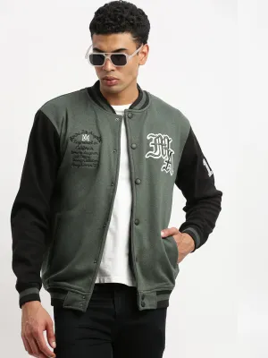 Men Mandarin Collar Green Colourblocked Varsity Jacket