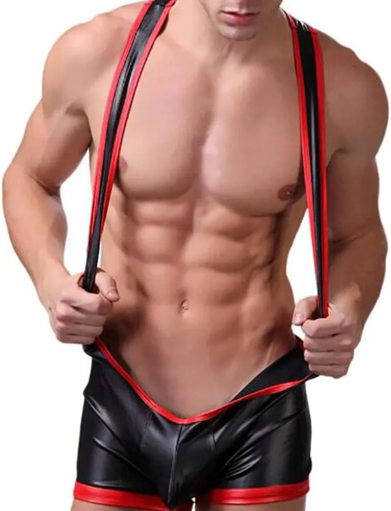 Men Wrestling Singlet Comfortable Breathable Undershirt Faux Leather Bodysuit