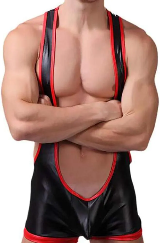 Men Wrestling Singlet Comfortable Breathable Undershirt Faux Leather Bodysuit