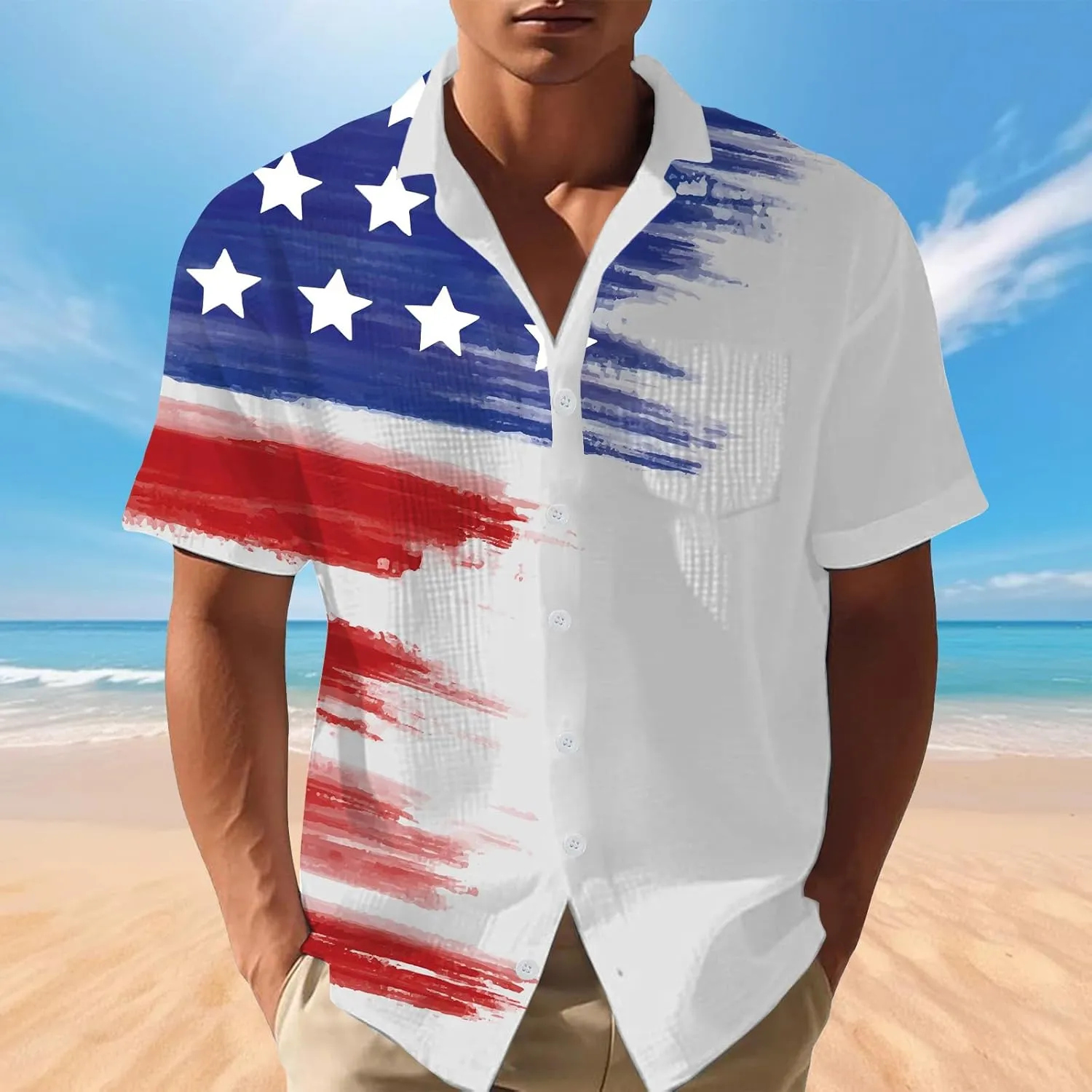 Men's American Flag Shirts Independence Day Print Button Down Casual Patriotic Shirt 4th of July Tee Top Big and Tall