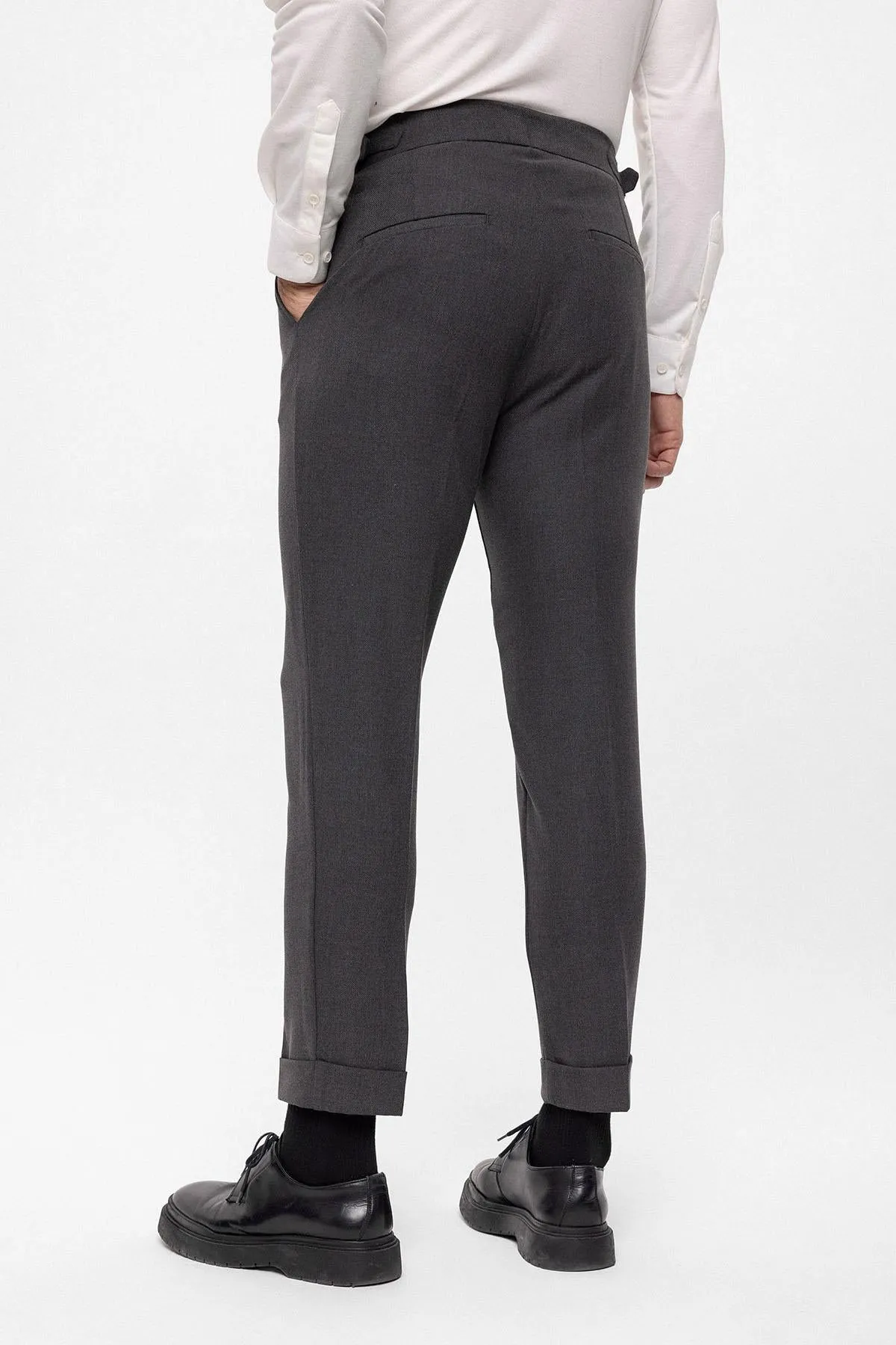Men's Anthracite High Waist (Boyfriend) Side Buckled Belt Detail Pleated Fabric Trousers - Wessi
