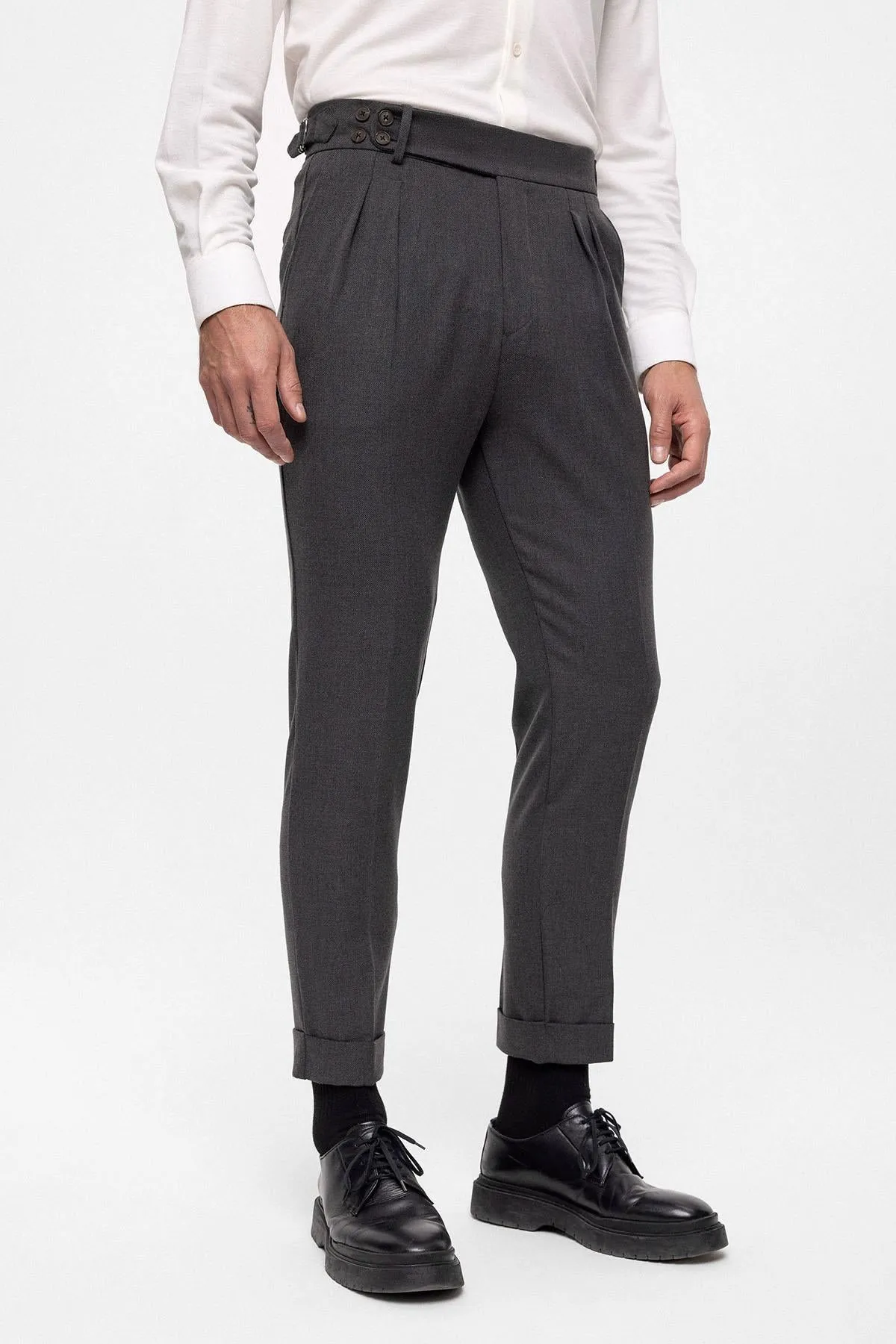 Men's Anthracite High Waist (Boyfriend) Side Buckled Belt Detail Pleated Fabric Trousers - Wessi