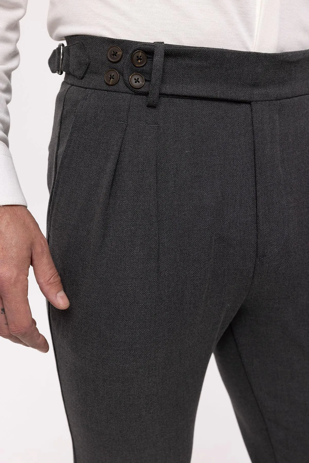 Men's Anthracite High Waist (Boyfriend) Side Buckled Belt Detail Pleated Fabric Trousers - Wessi