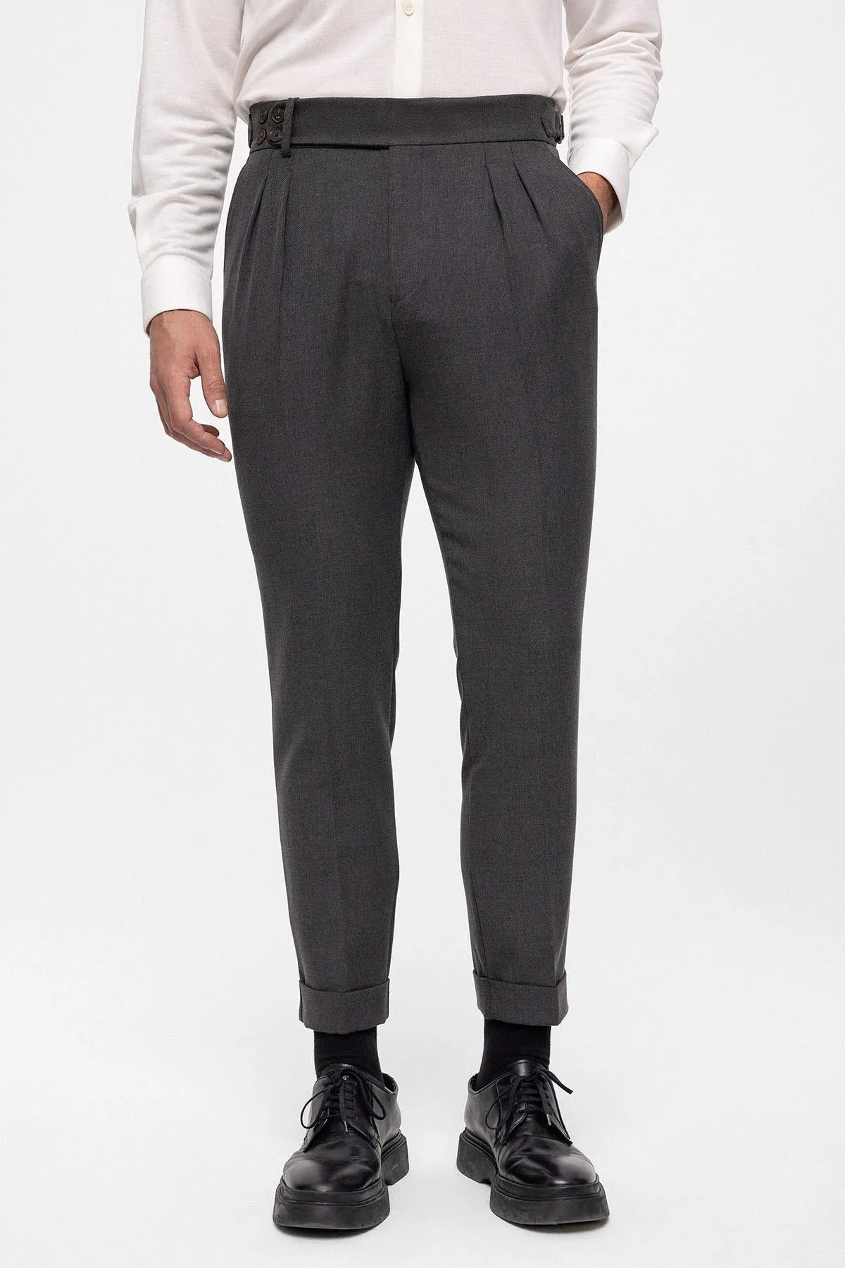 Men's Anthracite High Waist (Boyfriend) Side Buckled Belt Detail Pleated Fabric Trousers - Wessi