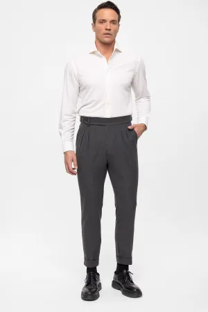 Men's Anthracite High Waist (Boyfriend) Side Buckled Belt Detail Pleated Fabric Trousers - Wessi
