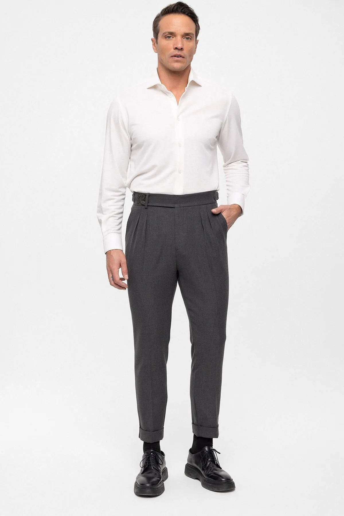Men's Anthracite High Waist (Boyfriend) Side Buckled Belt Detail Pleated Fabric Trousers - Wessi