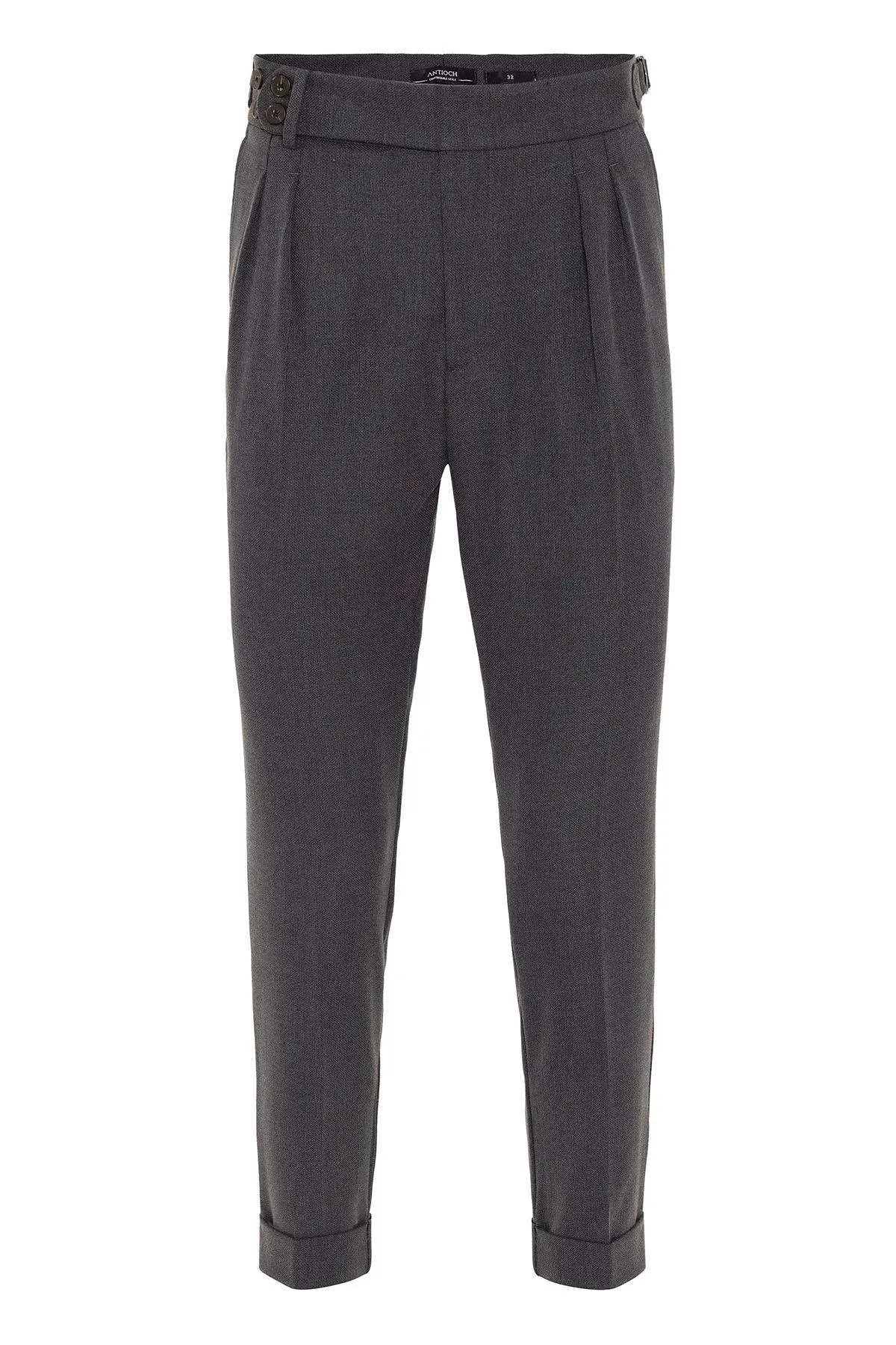 Men's Anthracite High Waist (Boyfriend) Side Buckled Belt Detail Pleated Fabric Trousers - Wessi