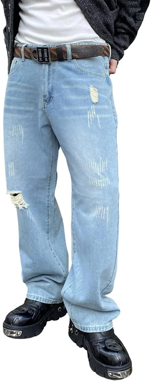 Mens Baggy Jeans Goth Steampunk Y2k Wide Leg Denim Pants with Cargo Pockets Skater Streetwear Punk Cargo Pants Trousers