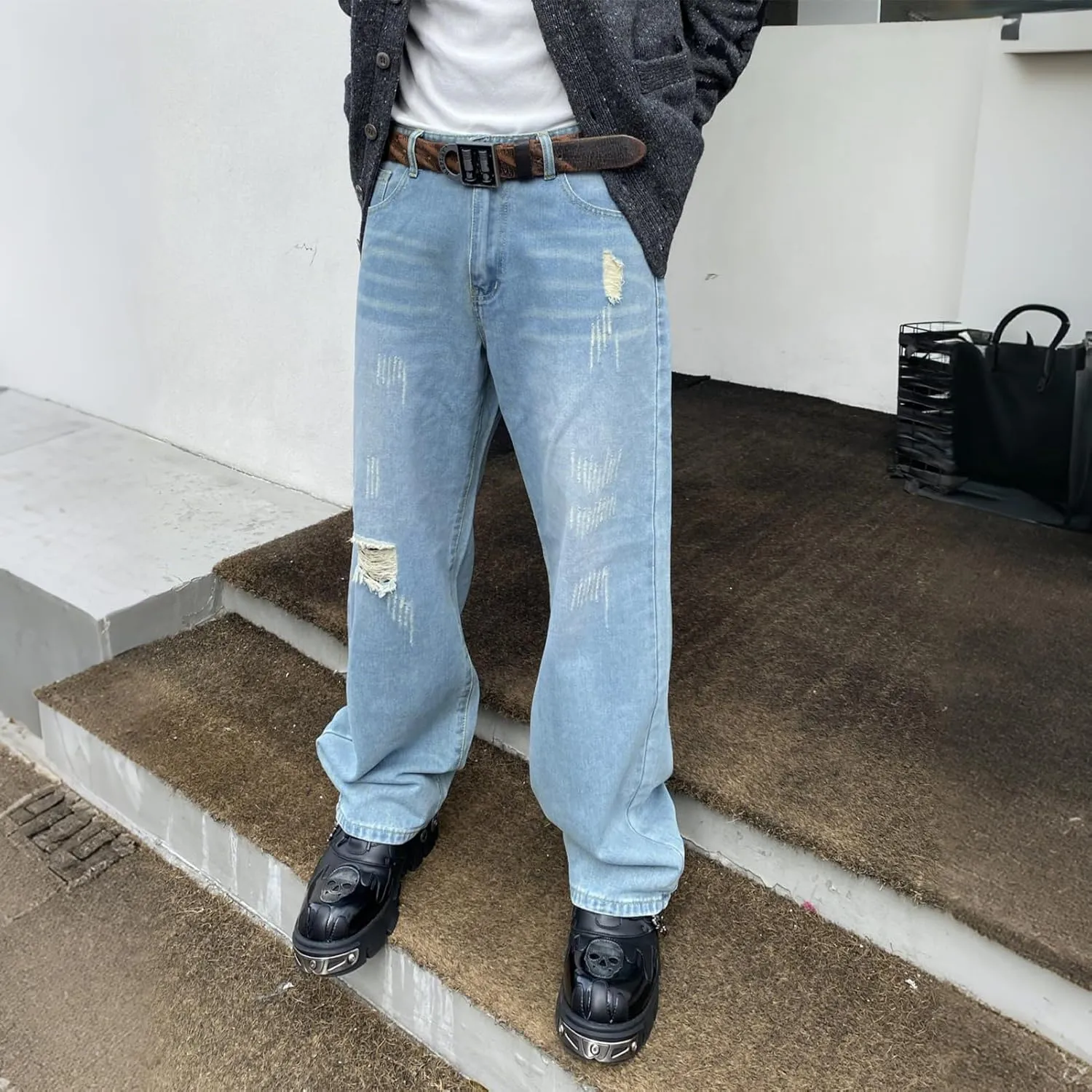 Mens Baggy Jeans Goth Steampunk Y2k Wide Leg Denim Pants with Cargo Pockets Skater Streetwear Punk Cargo Pants Trousers