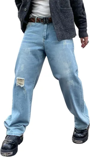 Mens Baggy Jeans Goth Steampunk Y2k Wide Leg Denim Pants with Cargo Pockets Skater Streetwear Punk Cargo Pants Trousers