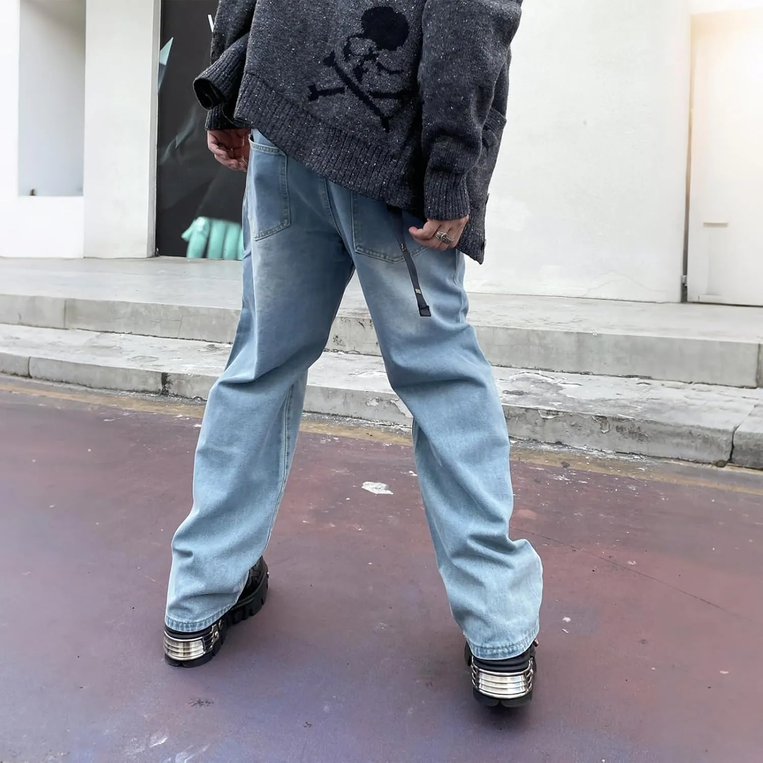 Mens Baggy Jeans Goth Steampunk Y2k Wide Leg Denim Pants with Cargo Pockets Skater Streetwear Punk Cargo Pants Trousers