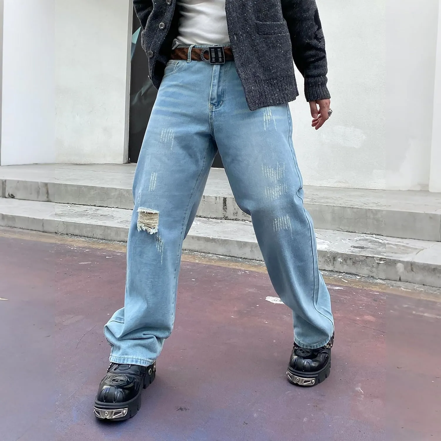 Mens Baggy Jeans Goth Steampunk Y2k Wide Leg Denim Pants with Cargo Pockets Skater Streetwear Punk Cargo Pants Trousers