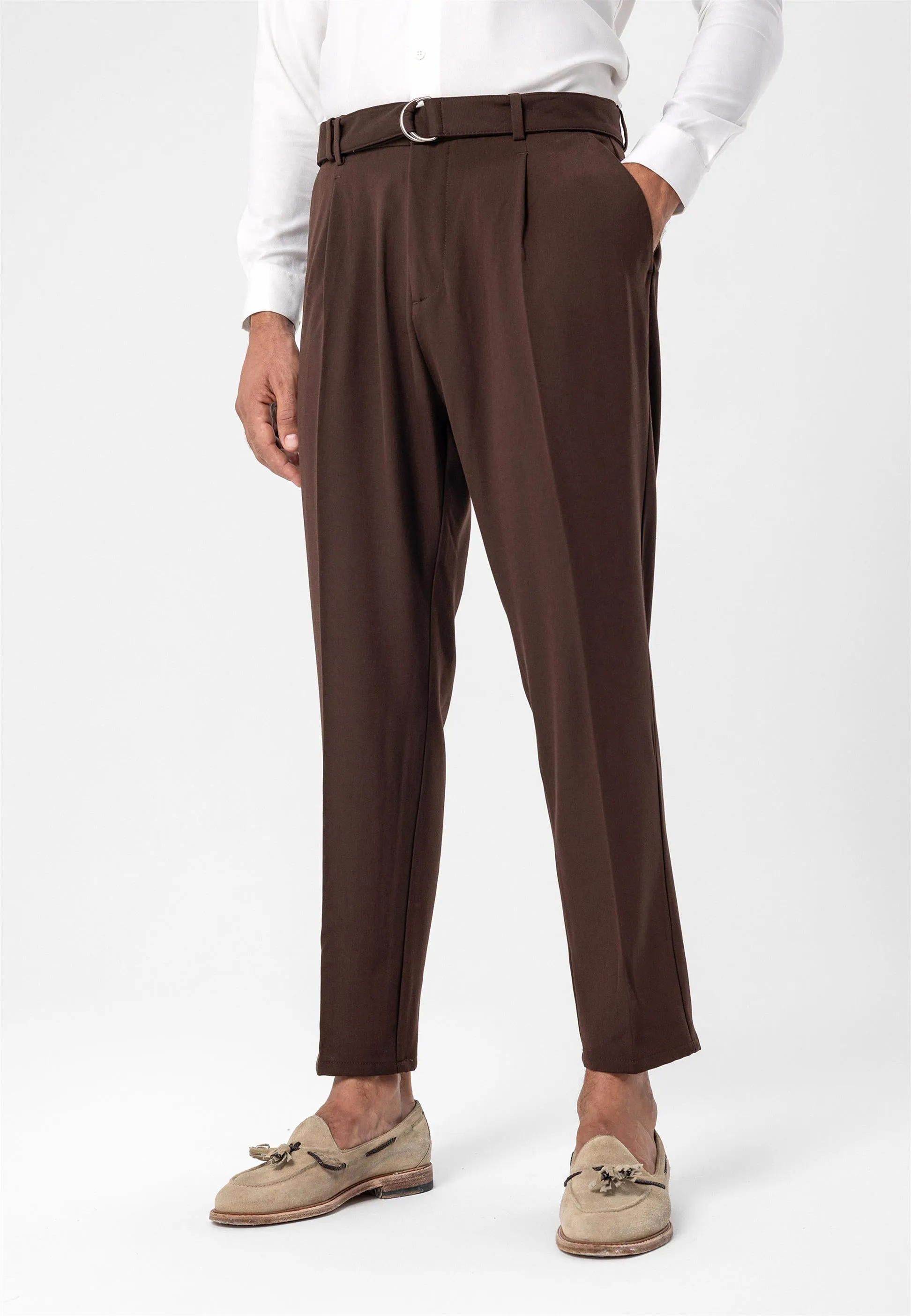 Men's Brown High Waist Girdle Closure  Trousers - Wessi