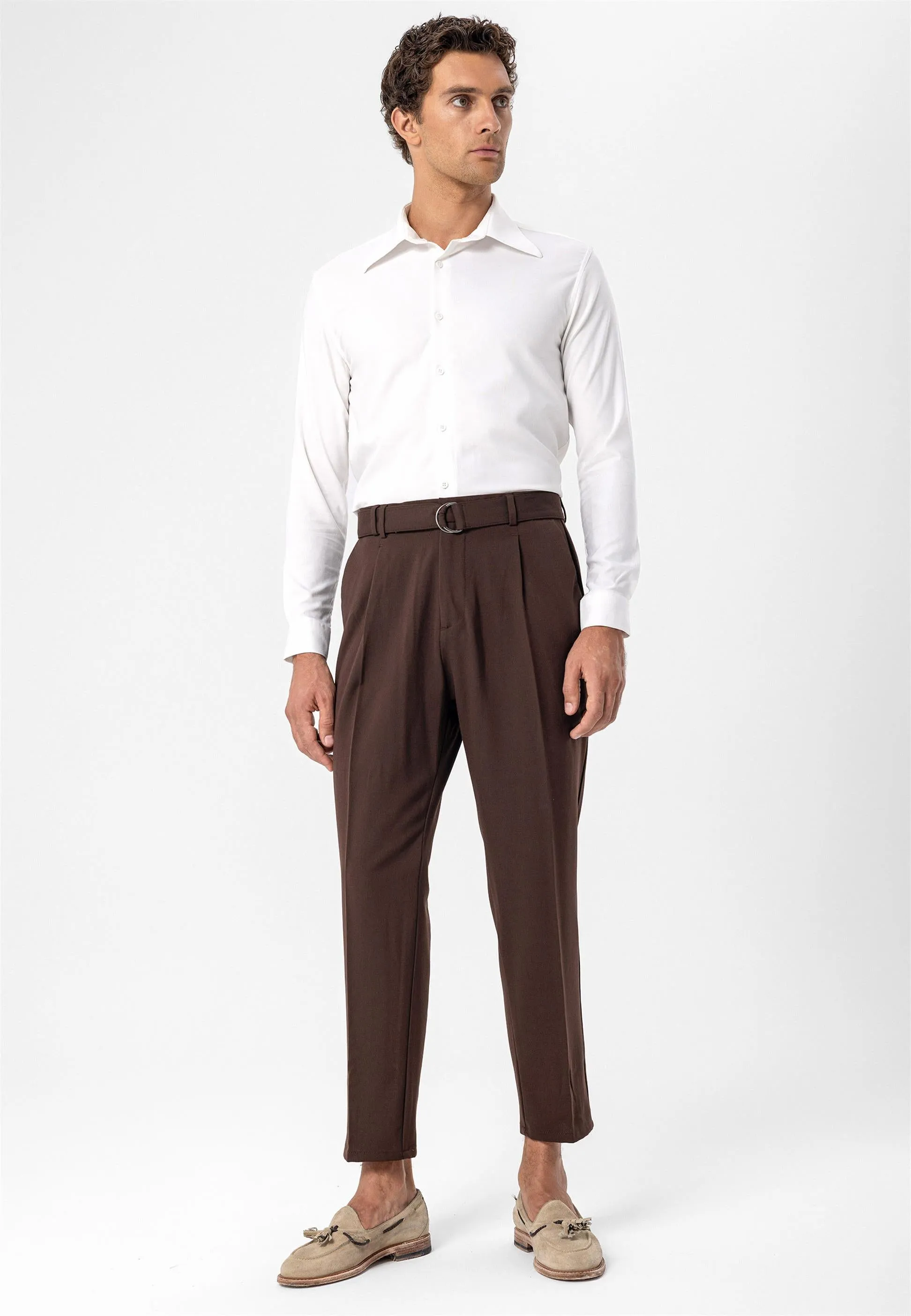Men's Brown High Waist Girdle Closure  Trousers - Wessi