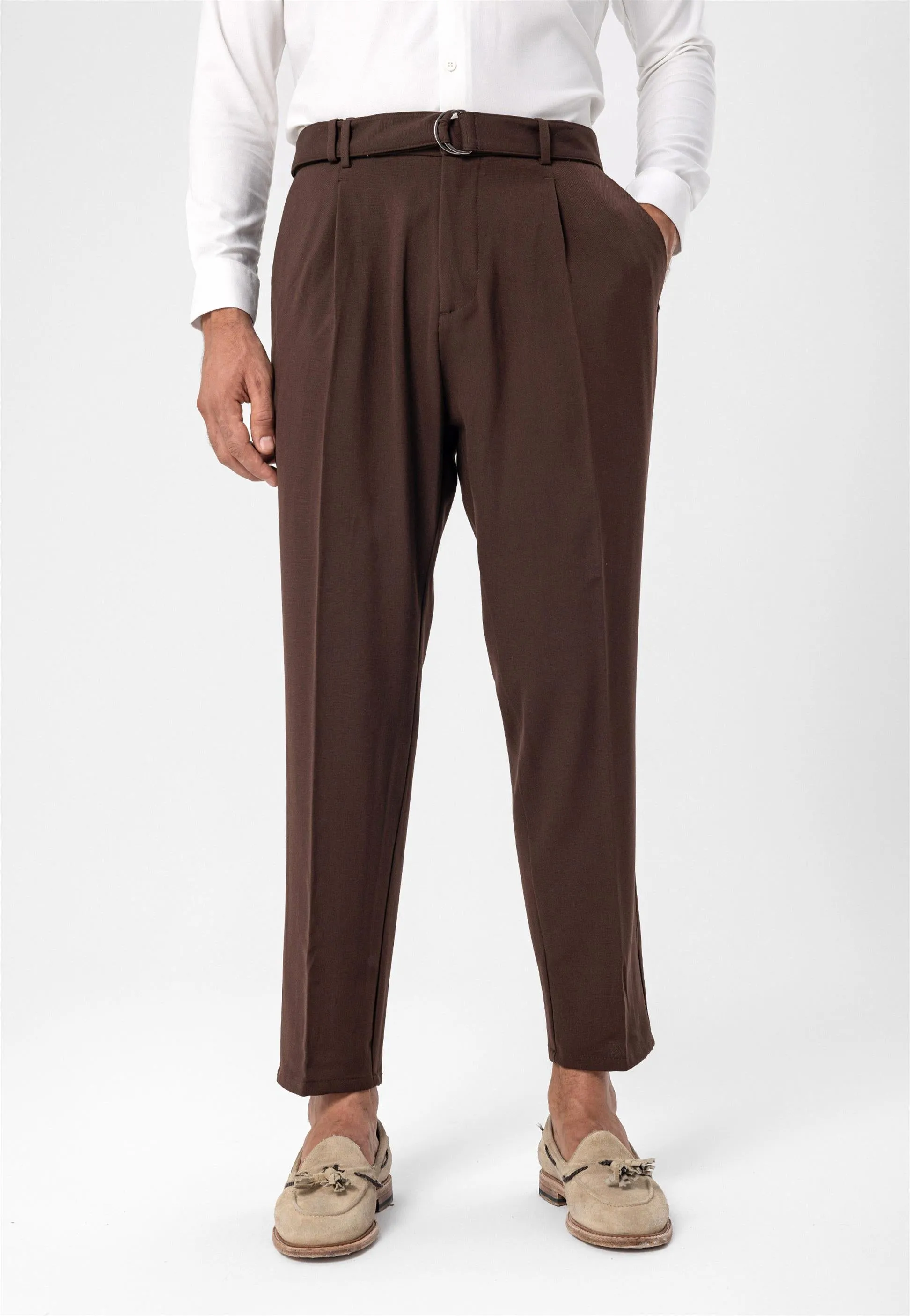 Men's Brown High Waist Girdle Closure  Trousers - Wessi