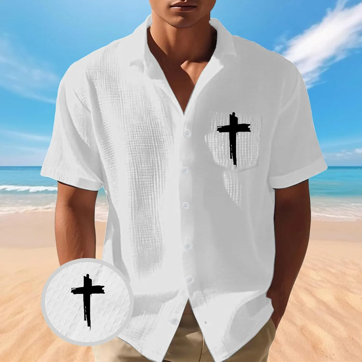 Men's Cross Flag Independence Day Print Casual Waffle Shirt Button Down Shirts Textured Summer Crop Tops Dress Shirts