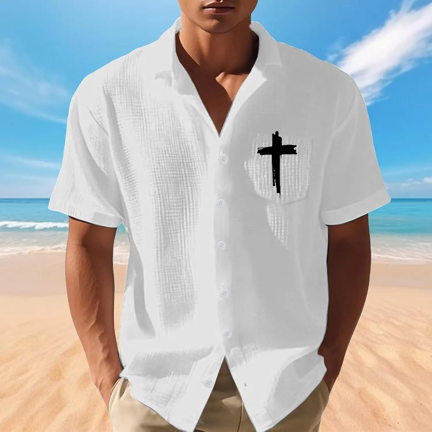 Men's Cross Flag Independence Day Print Casual Waffle Shirt Button Down Shirts Textured Summer Crop Tops Dress Shirts