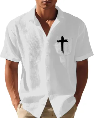 Men's Cross Flag Independence Day Print Casual Waffle Shirt Button Down Shirts Textured Summer Crop Tops Dress Shirts