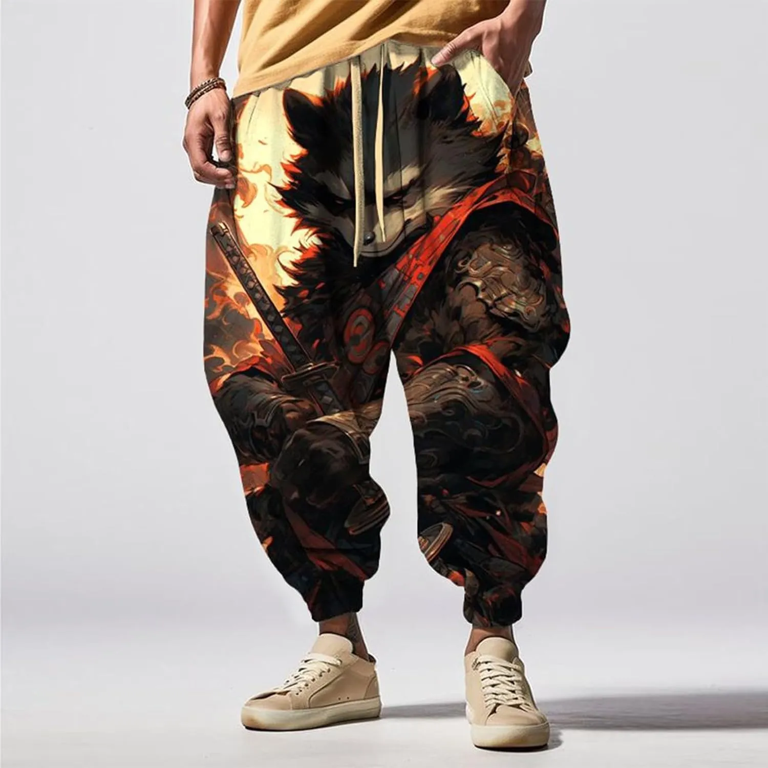 Men's Drawstring Hippie Harem Pants Men's Autumn Fun Print Fashion Street Feel Casual Cotton Drawstring Cargo Pants