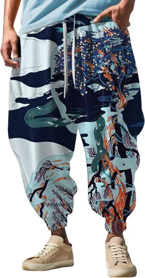 Men's Drawstring Hippie Harem Pants Men's Autumn Fun Print Fashion Street Feel Casual Cotton Drawstring Cargo Pants