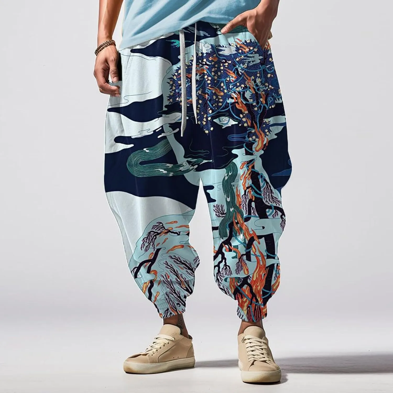 Men's Drawstring Hippie Harem Pants Men's Autumn Fun Print Fashion Street Feel Casual Cotton Drawstring Cargo Pants