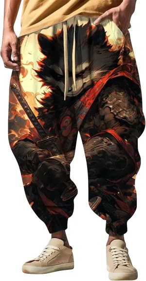 Men's Drawstring Hippie Harem Pants Men's Autumn Fun Print Fashion Street Feel Casual Cotton Drawstring Cargo Pants
