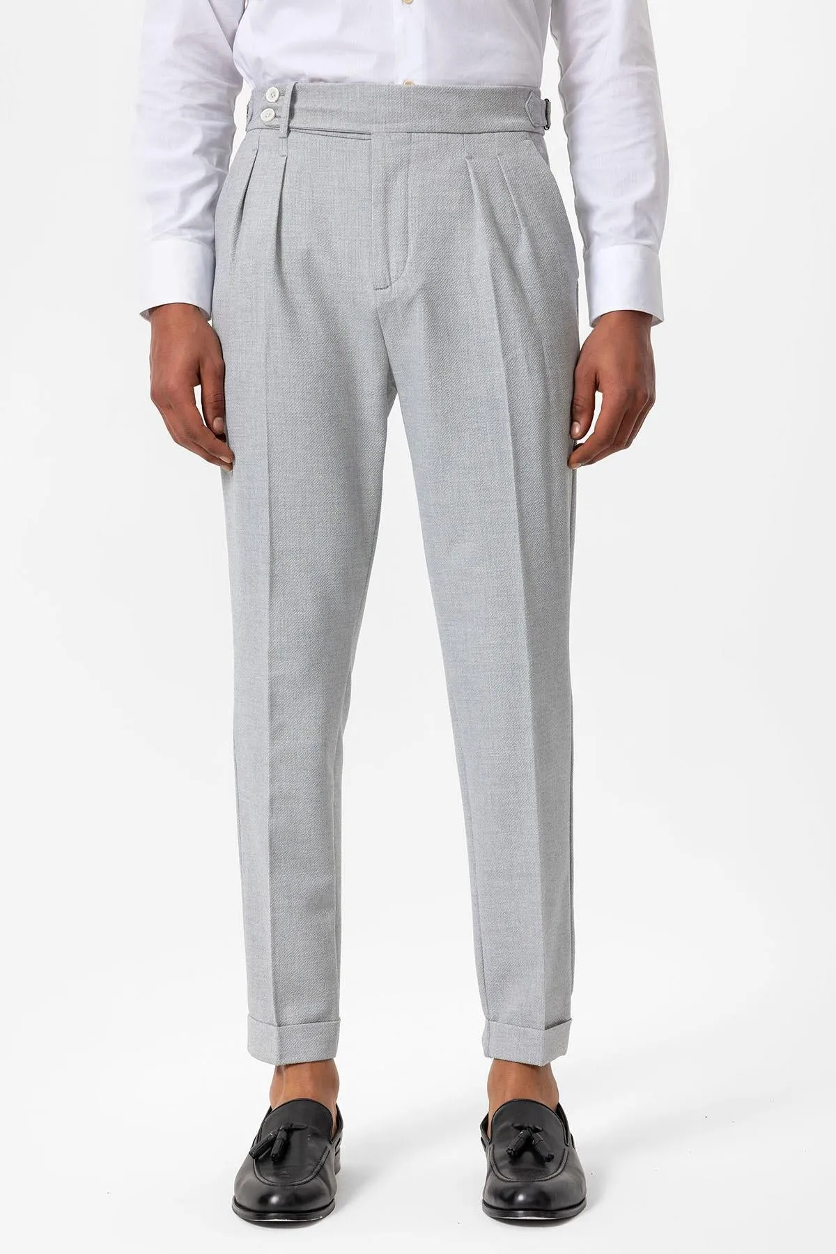 Men's Grey High-Waist Pleated Textured Pants - Wessi
