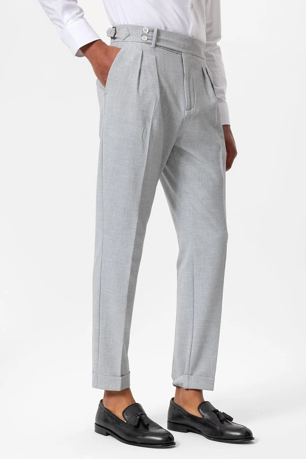 Men's Grey High-Waist Pleated Textured Pants - Wessi