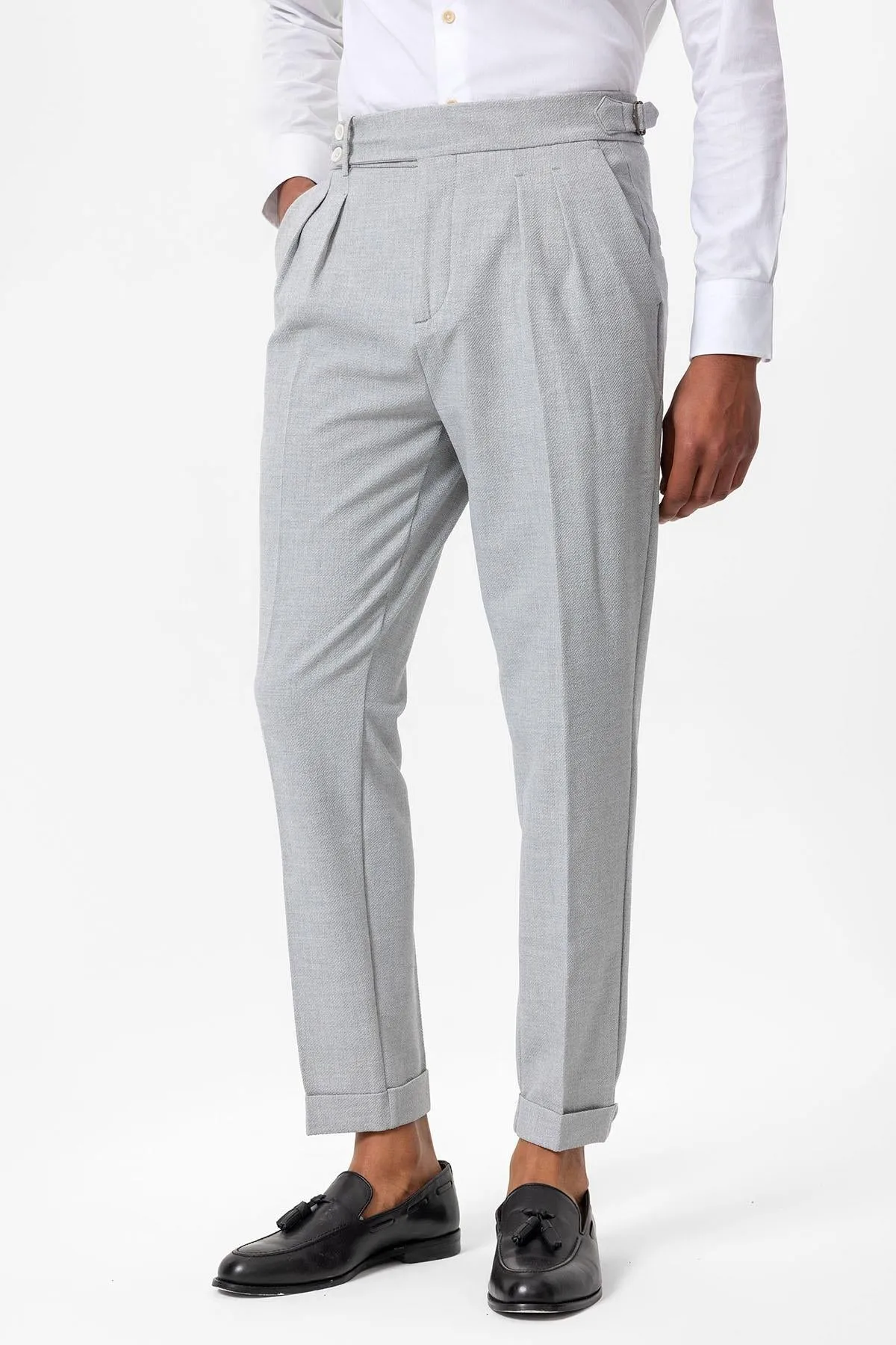 Men's Grey High-Waist Pleated Textured Pants - Wessi