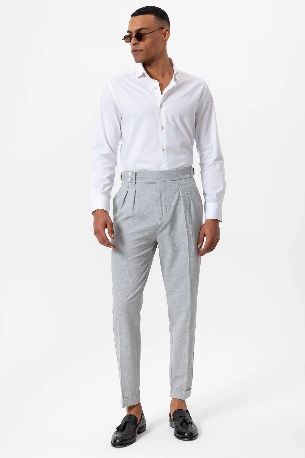 Men's Grey High-Waist Pleated Textured Pants - Wessi