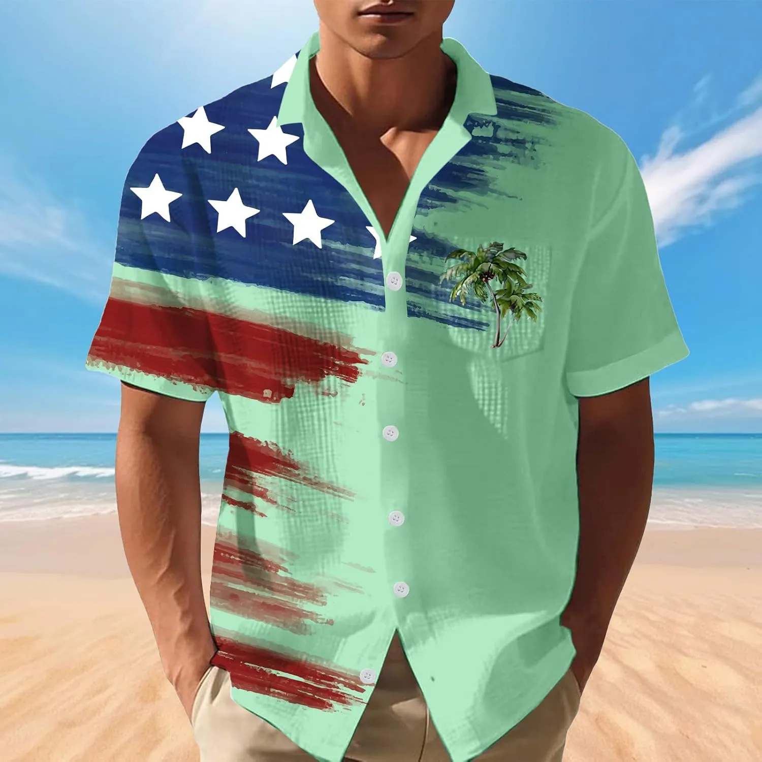 Men's Independence Day Shirts American Flag Print Waffle Shirt Button Down Shirts Short Sleeve Independence Day Tee Top