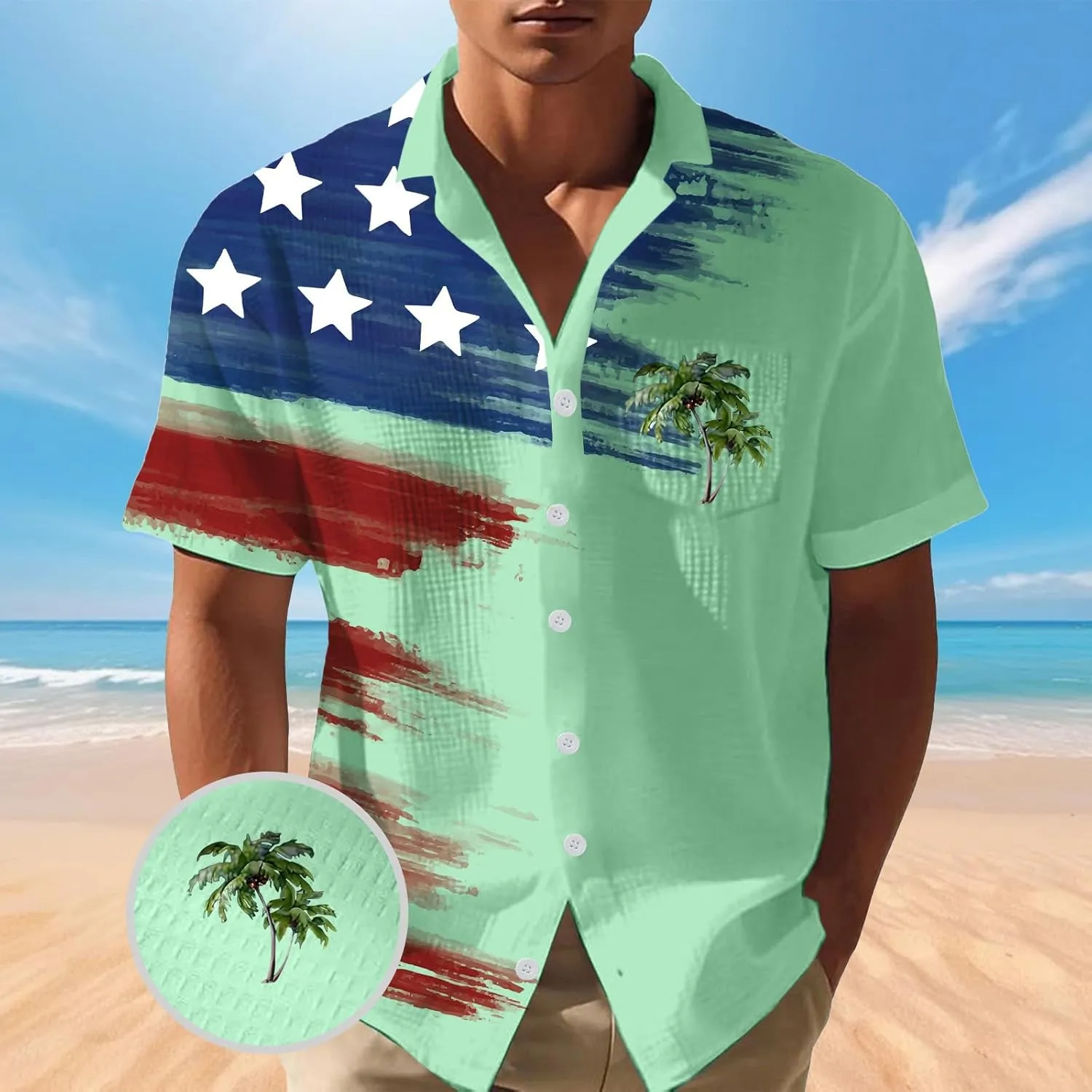 Men's Independence Day Shirts American Flag Print Waffle Shirt Button Down Shirts Short Sleeve Independence Day Tee Top