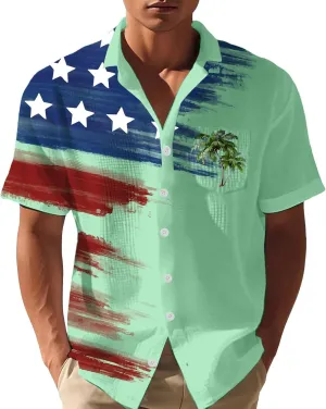 Men's Independence Day Shirts American Flag Print Waffle Shirt Button Down Shirts Short Sleeve Independence Day Tee Top