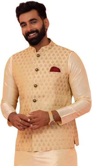 Men's Jacquard Silk/Cotton Blend Nehru Jacket- Traditional Indian Waistcoat for Weddings & Royal Parties
