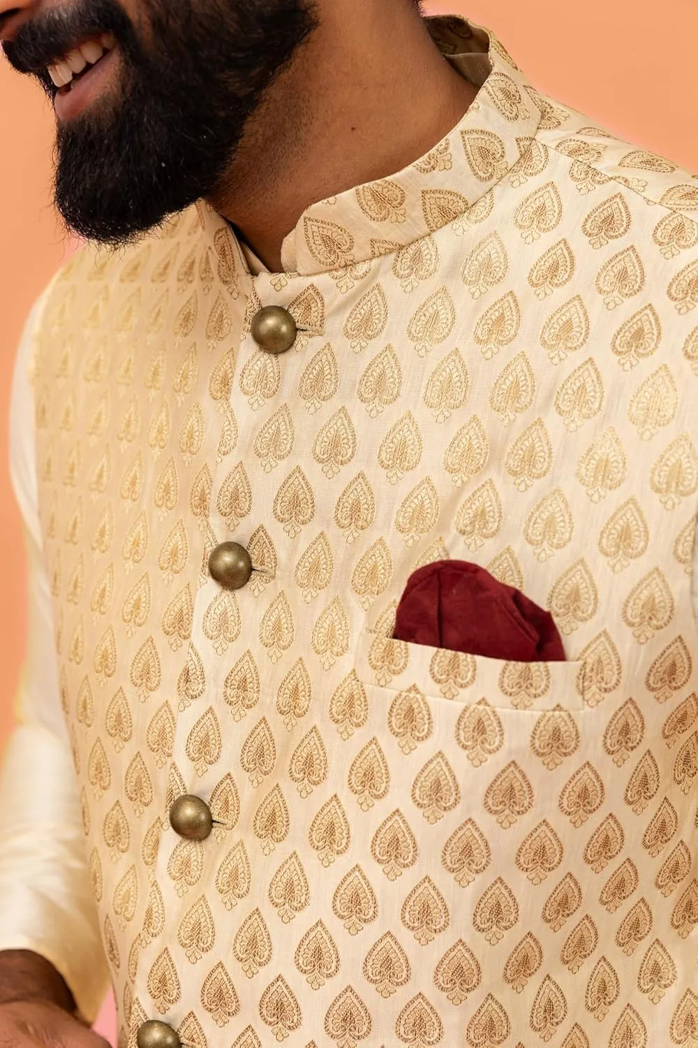 Men's Jacquard Silk/Cotton Blend Nehru Jacket- Traditional Indian Waistcoat for Weddings & Royal Parties