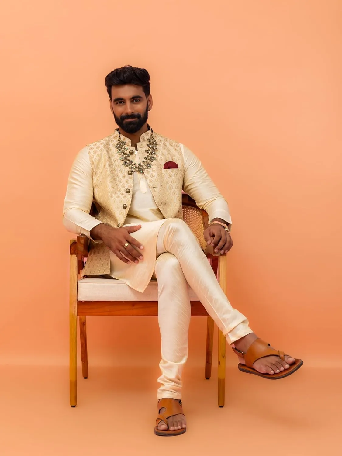Men's Jacquard Silk/Cotton Blend Nehru Jacket- Traditional Indian Waistcoat for Weddings & Royal Parties