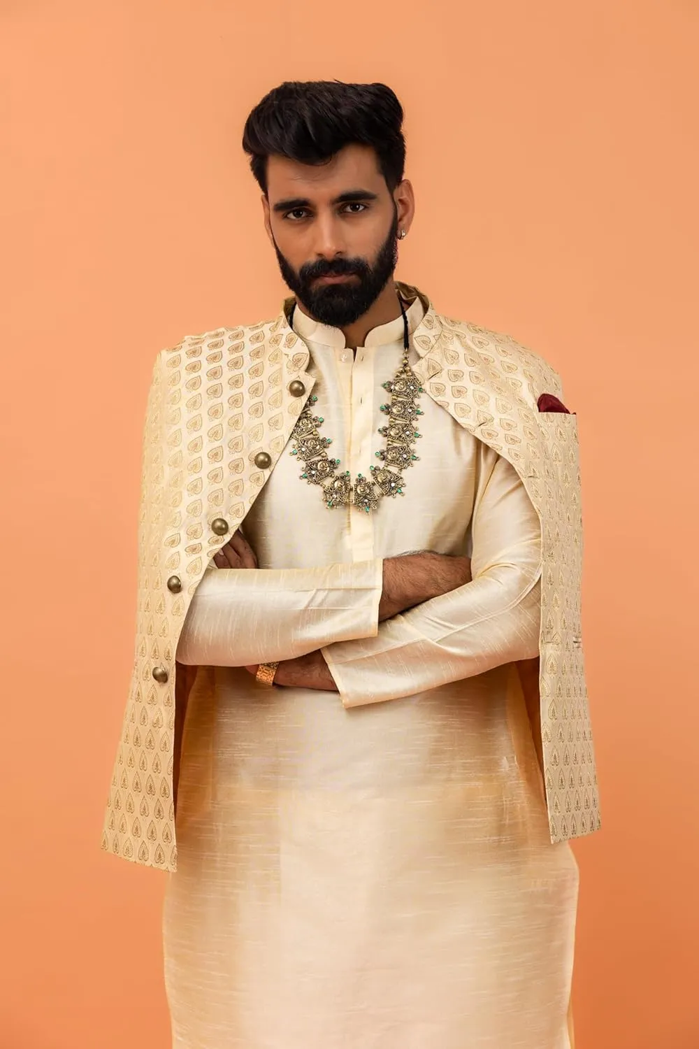 Men's Jacquard Silk/Cotton Blend Nehru Jacket- Traditional Indian Waistcoat for Weddings & Royal Parties