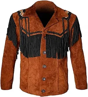 Mens Leather Buckskin Mountain Man Reenactment Suede Leather Native American Red Indian Fringes Beaded Jackets Warshirt