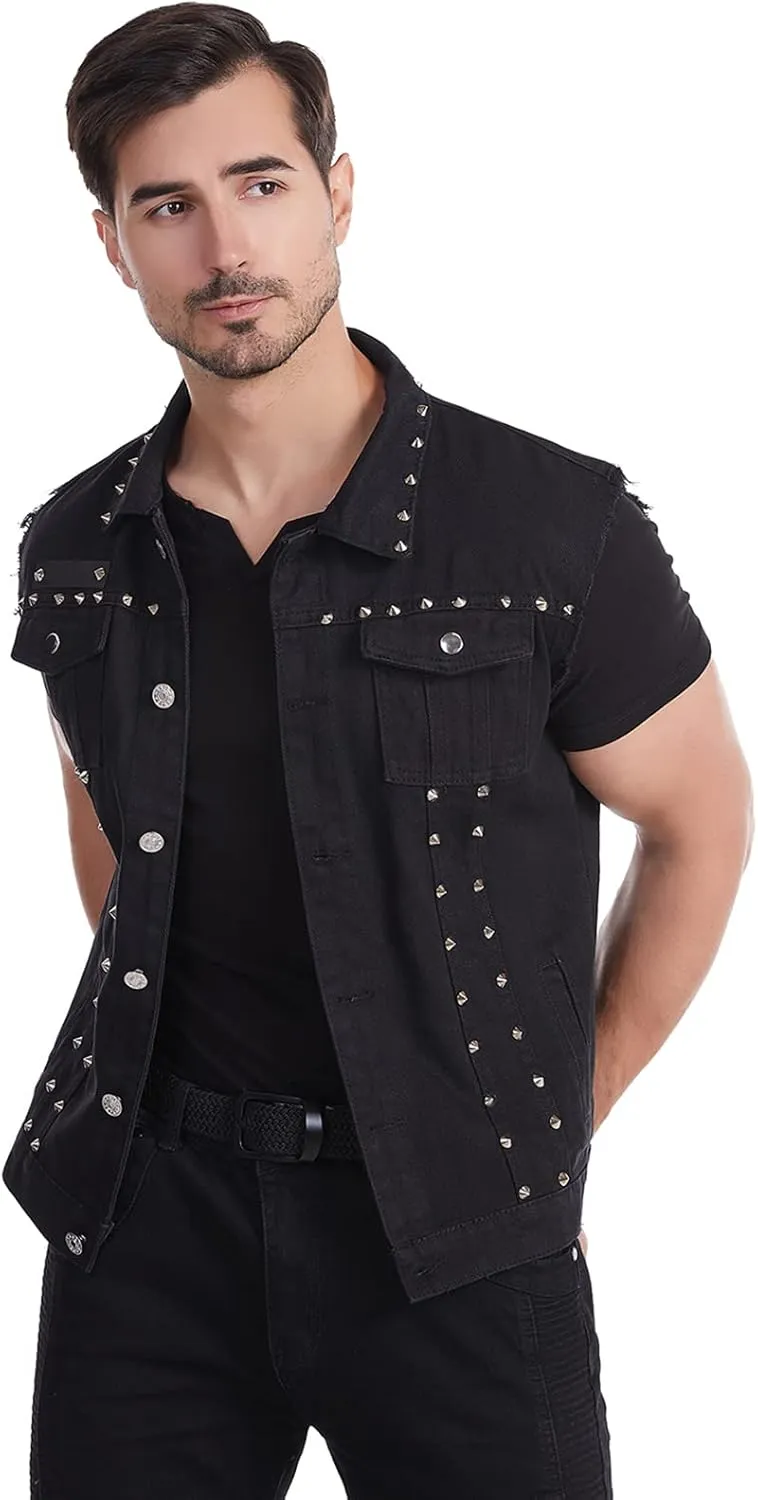 Men's Punk Rock Sleeveless Denim Jean Vest Jacket With Rivets