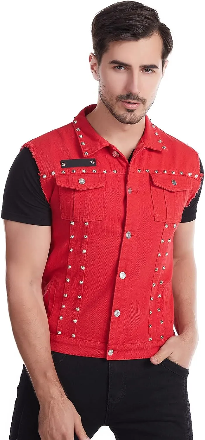Men's Punk Rock Sleeveless Denim Jean Vest Jacket With Rivets
