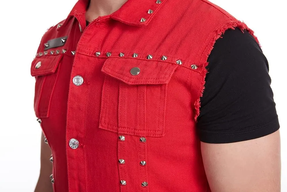 Men's Punk Rock Sleeveless Denim Jean Vest Jacket With Rivets