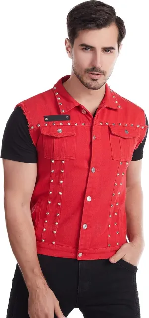 Men's Punk Rock Sleeveless Denim Jean Vest Jacket With Rivets