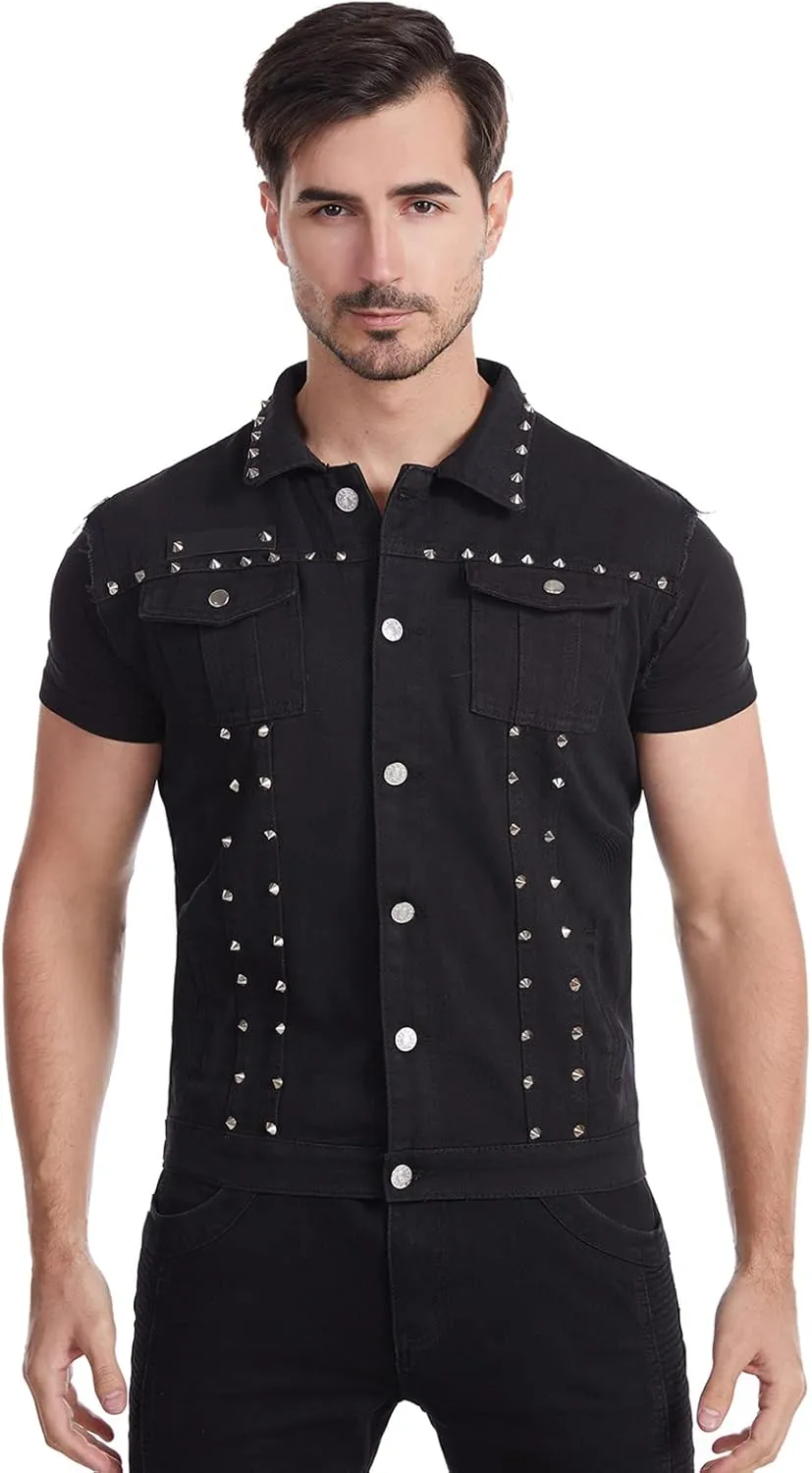 Men's Punk Rock Sleeveless Denim Jean Vest Jacket With Rivets