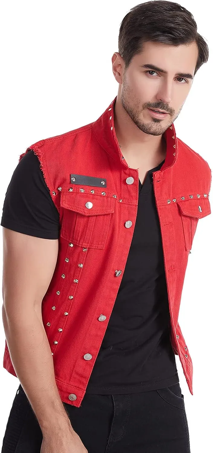Men's Punk Rock Sleeveless Denim Jean Vest Jacket With Rivets